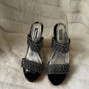 WHBM black cut out straps cork wedge sandals silver studs accents size9.5